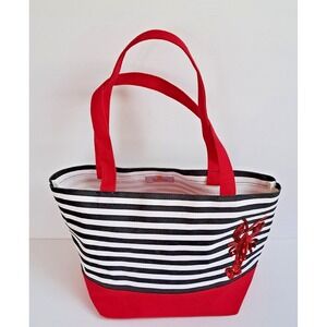 Quacker Factory Nautical Beach Bag Canvas Tote Striped Lobster Sequins Pre-owned